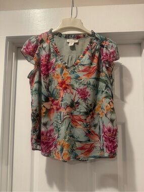 Rachel Zoe Floral V-Neck Flutter Sleeve Blouse - Mint Multi